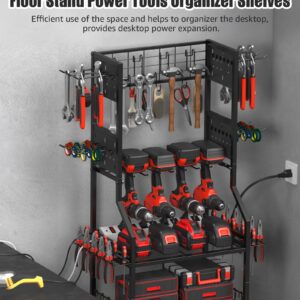 CCCEI Garage Small Power Tools Organizer Floor Stand, Drill and Battery Storage Rack with Charging Station, All Metal Tool Shelf with Pegboard and Hooks, Gift for Men.