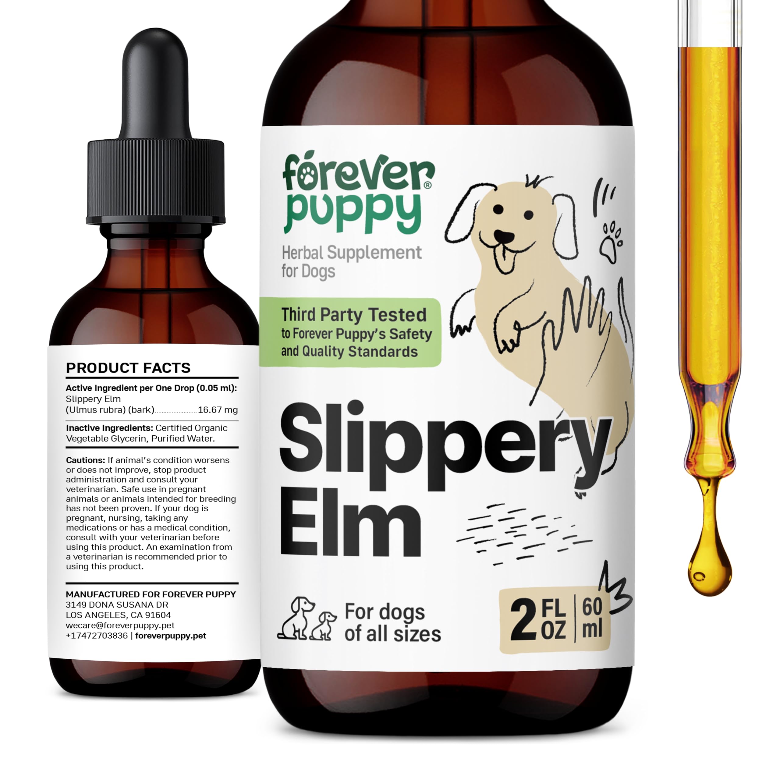 Slippery Elm Tincture for Dogs - Gut Support w/Slippery Elm Bark - Soluble Fiber for Dogs of All Breeds & Sizes - Slippery Elm Digestive Dog Drops - Natural Dog Food Supplements - 2 oz