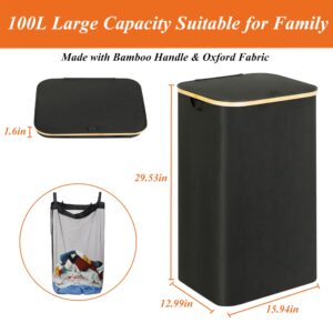 YCJYZLF Large Laundry Hamper with Lid and Bamboo Handles,Tall Collapsible Laundry Basket with Lid and Removable Laundry Bag,Foldable Clothes Hampers for Laundry,Bedroom,Dorm,Towels,Toys (100L,Black)