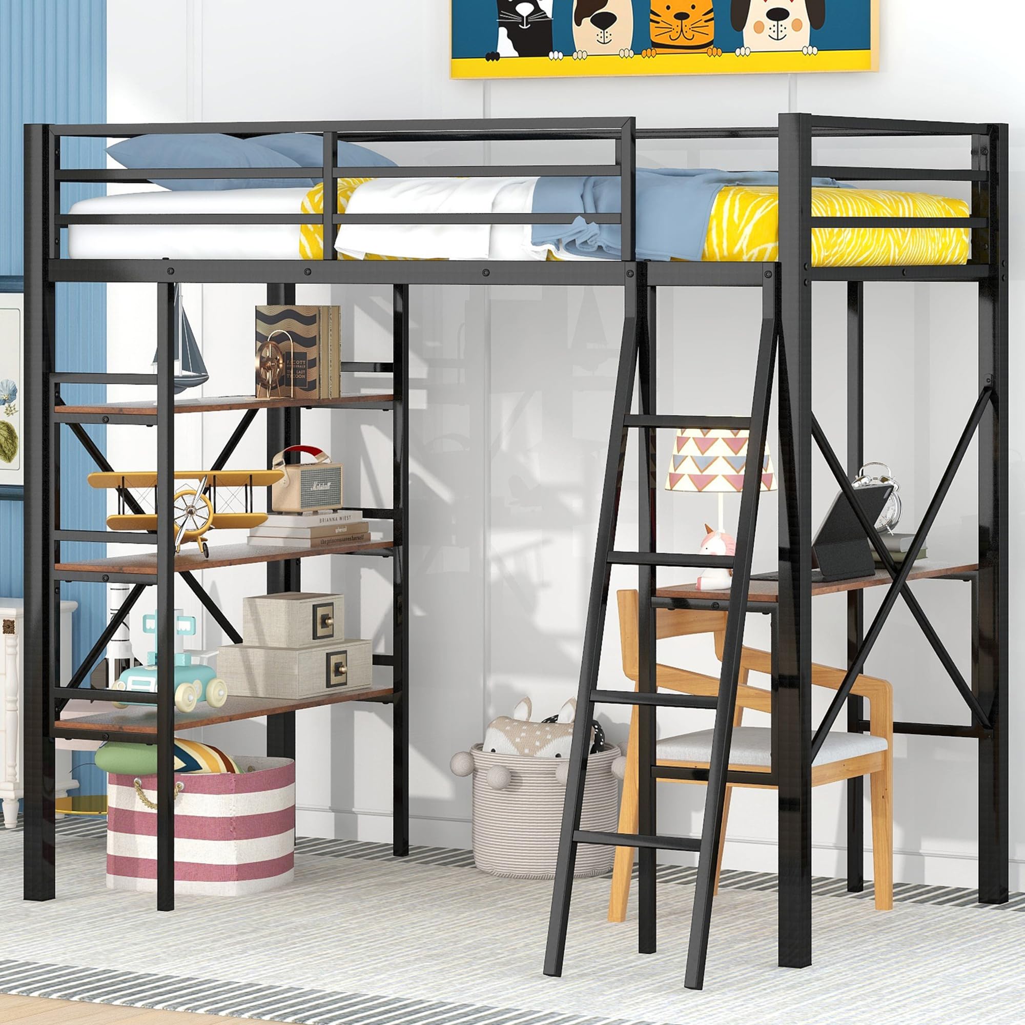 Kids Metal Loft Bed Twin Size, Twin Loft Bed with Desk and Storage, Twin Size Loft Bed with Full Length Guardrail and Ladder, Heavy Duty Loft Bed for Kids, (Twin Black)