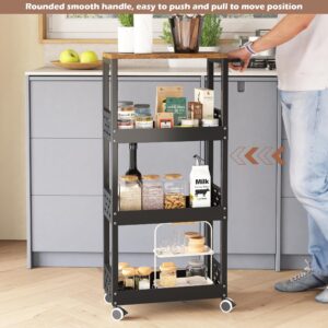 COVAODQ Slim Storage Cart with Handle 4 Tier,Slide Out Storage Rolling Utility Cart Mobile Shelving Unit Organizer Trolley for Small Spaces Kitchen Narrow Places, Black