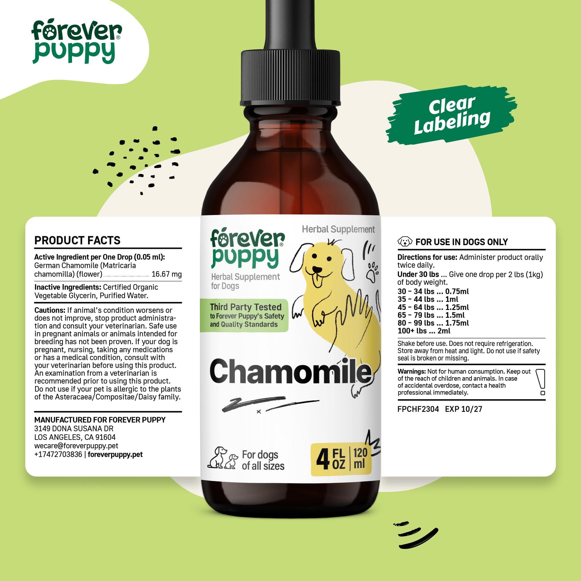 Chamomile Tincture for Dogs - Digestive Health Supplement - Chamomile Liquid Extract for Gas Relief - Gut Support Drops - Liquid Vitamins and Supplements for Pets of All Breeds & Sizes - 4 fl oz