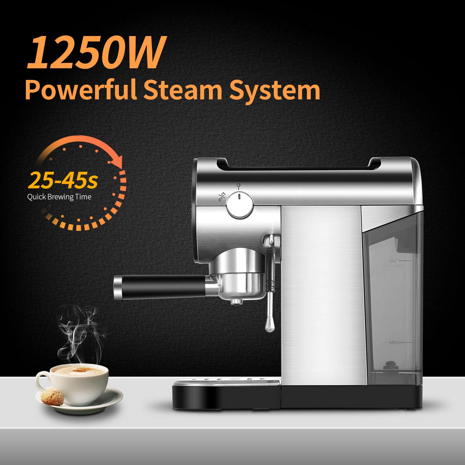 ILAVIE 20Bar Espresso Coffee Machine, Espresso Maker with Steamer for Cappuccino, Latte, Espresso Machine for Home Use, 900ml Removable Water Tank, Stainless Steel