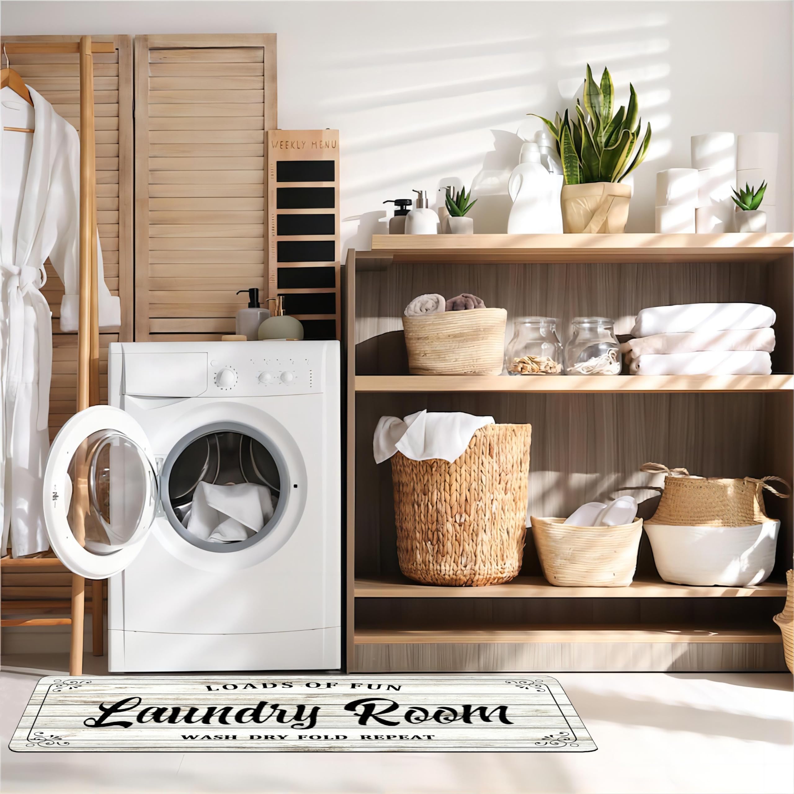 Laundry Room Rug Non Slip Floor mats Farmhouse Large Laundry Rugs for Laundry Room Mat Washer and Dryer Carpet Laundry Room Decor 20x59inch(White)