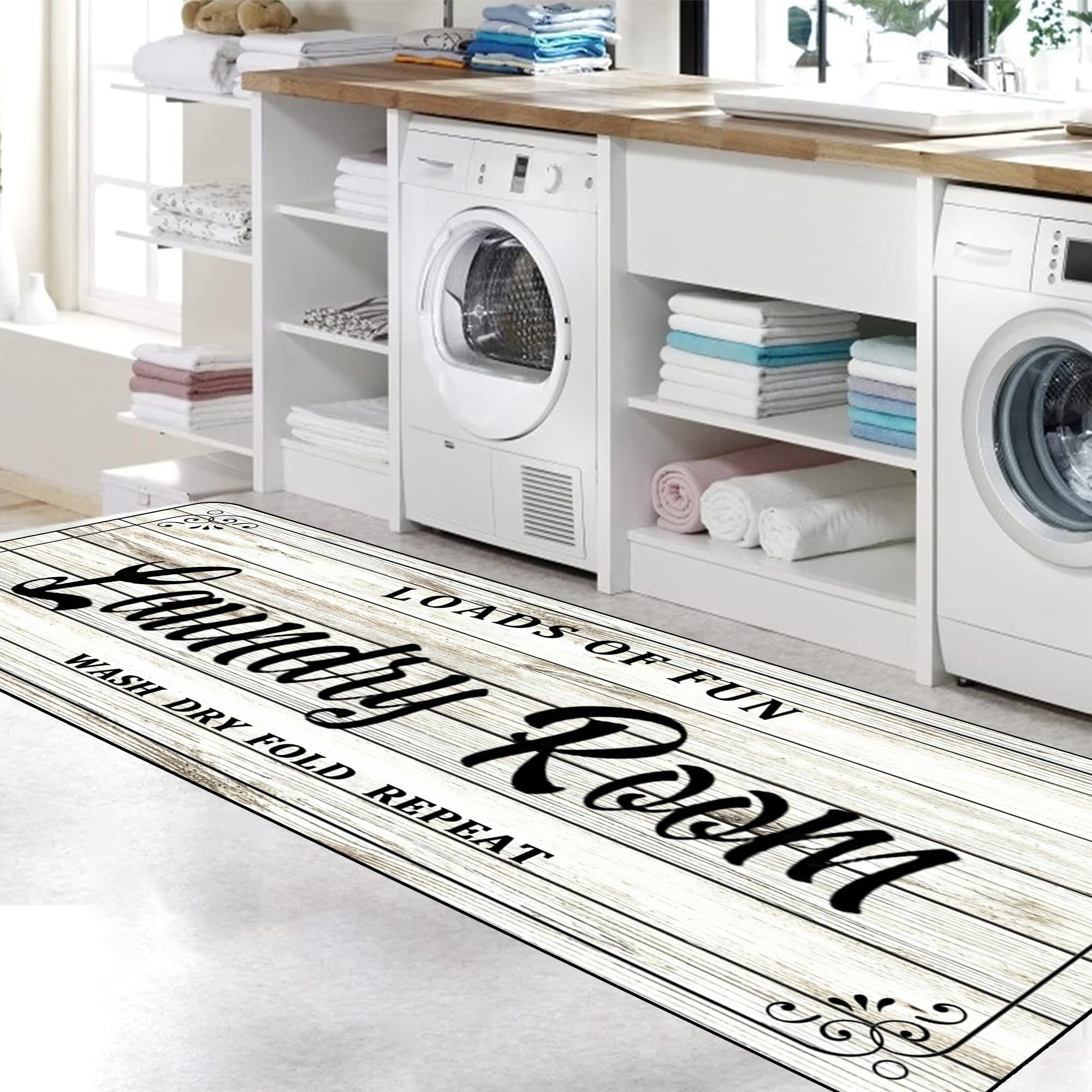 Laundry Room Rug Non Slip Floor mats Farmhouse Large Laundry Rugs for Laundry Room Mat Washer and Dryer Carpet Laundry Room Decor 20x59inch(White)