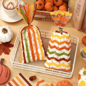 Whaline 100Pcs Thanksgiving Cellophane Treat Bags Colorful Stripe Wave Dot Plastic Gift Bags Fall Candy Goodie Bags with Twist Ties for Autumn Thanksgiving Party Cookie Snack Packing Supplies