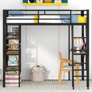 Kids Metal Loft Bed Twin Size, Twin Loft Bed with Desk and Storage, Twin Size Loft Bed with Full Length Guardrail and Ladder, Heavy Duty Loft Bed for Kids, (Twin Black)