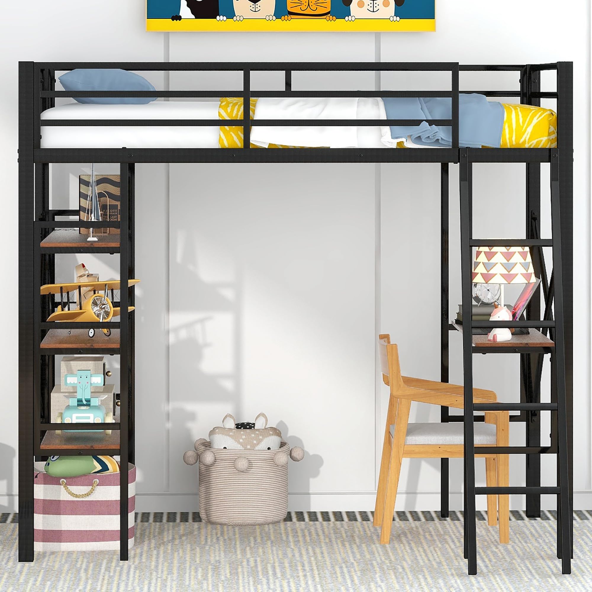 Kids Metal Loft Bed Twin Size, Twin Loft Bed with Desk and Storage, Twin Size Loft Bed with Full Length Guardrail and Ladder, Heavy Duty Loft Bed for Kids, (Twin Black)