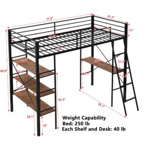 Kids Metal Loft Bed Twin Size, Twin Loft Bed with Desk and Storage, Twin Size Loft Bed with Full Length Guardrail and Ladder, Heavy Duty Loft Bed for Kids, (Twin Black)