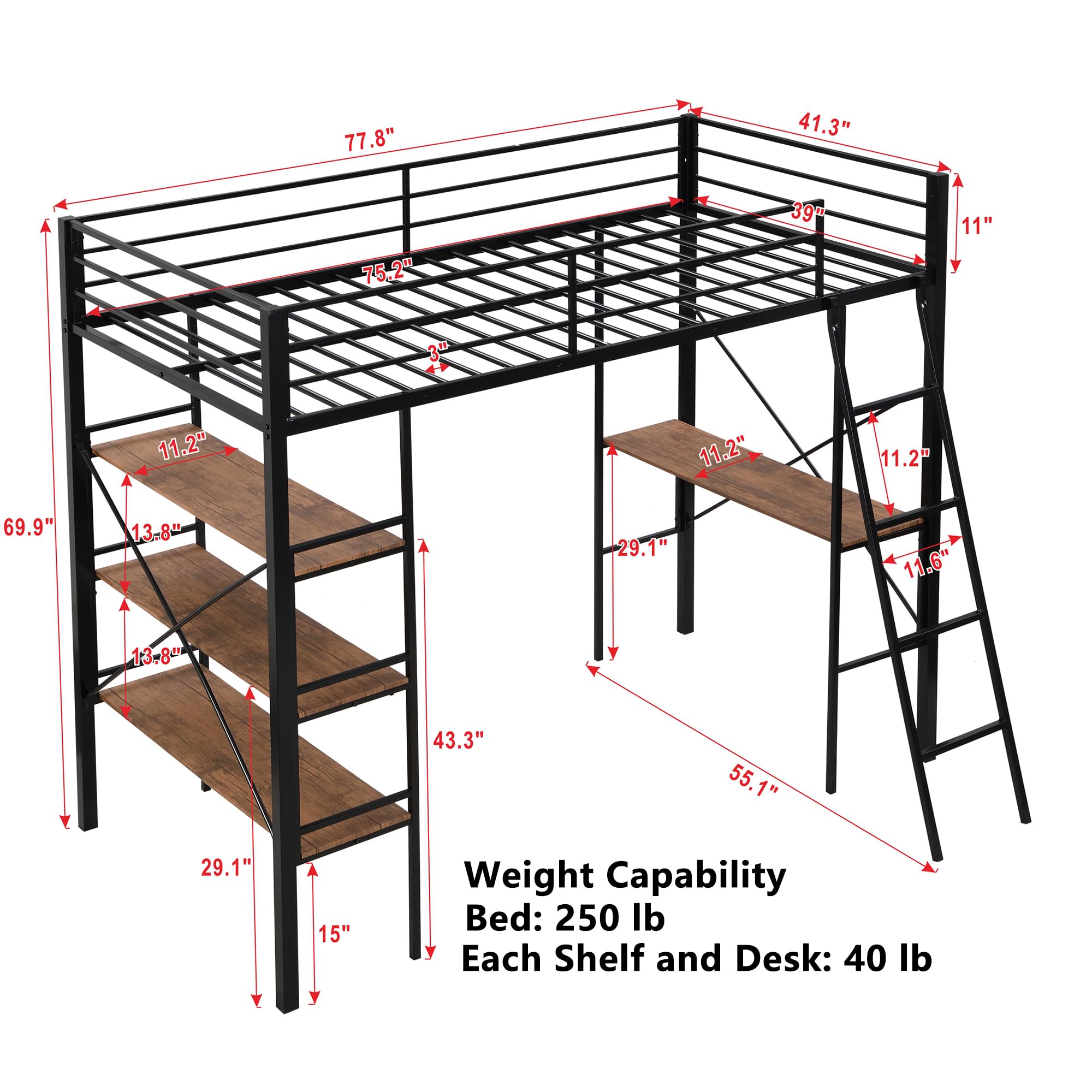 Kids Metal Loft Bed Twin Size, Twin Loft Bed with Desk and Storage, Twin Size Loft Bed with Full Length Guardrail and Ladder, Heavy Duty Loft Bed for Kids, (Twin Black)