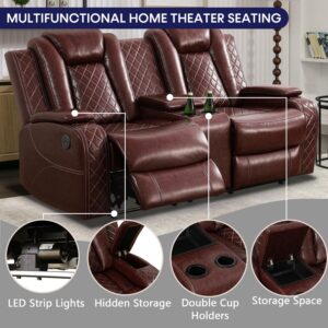 Caberryne Power Recliner Sofa Set with LED Lights,Leather Reclining Loveseat with Double Recliner/USB Port/Storage Console/Cup Holder,Living Room Furniture for House/Home Theater(Loveseat,Wine Red)