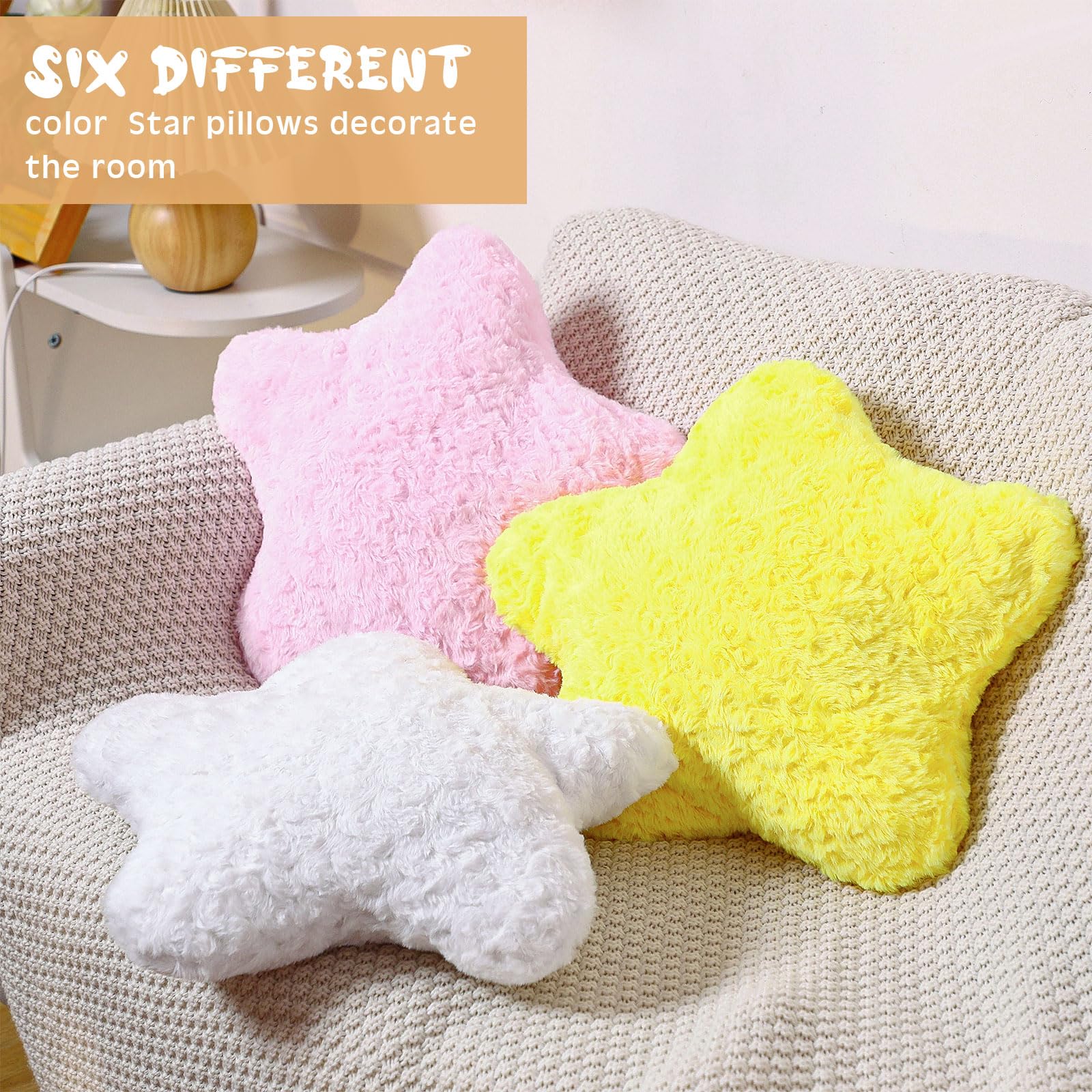 Yousoontic 6 Pcs Star Plush Throw Pillows Cute Preppy Star Shaped Floor Cushions Kids Aesthetic Room Decorative Pillows for Sofa Living Room Bedroom, 15.75 Inches(Pink,Yellow, White)