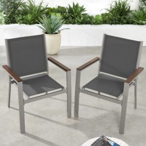 best choice products set of 2 stackable outdoor textilene chairs, all-weather conversation dining accent furniture w/armrests - taupe/charcoal