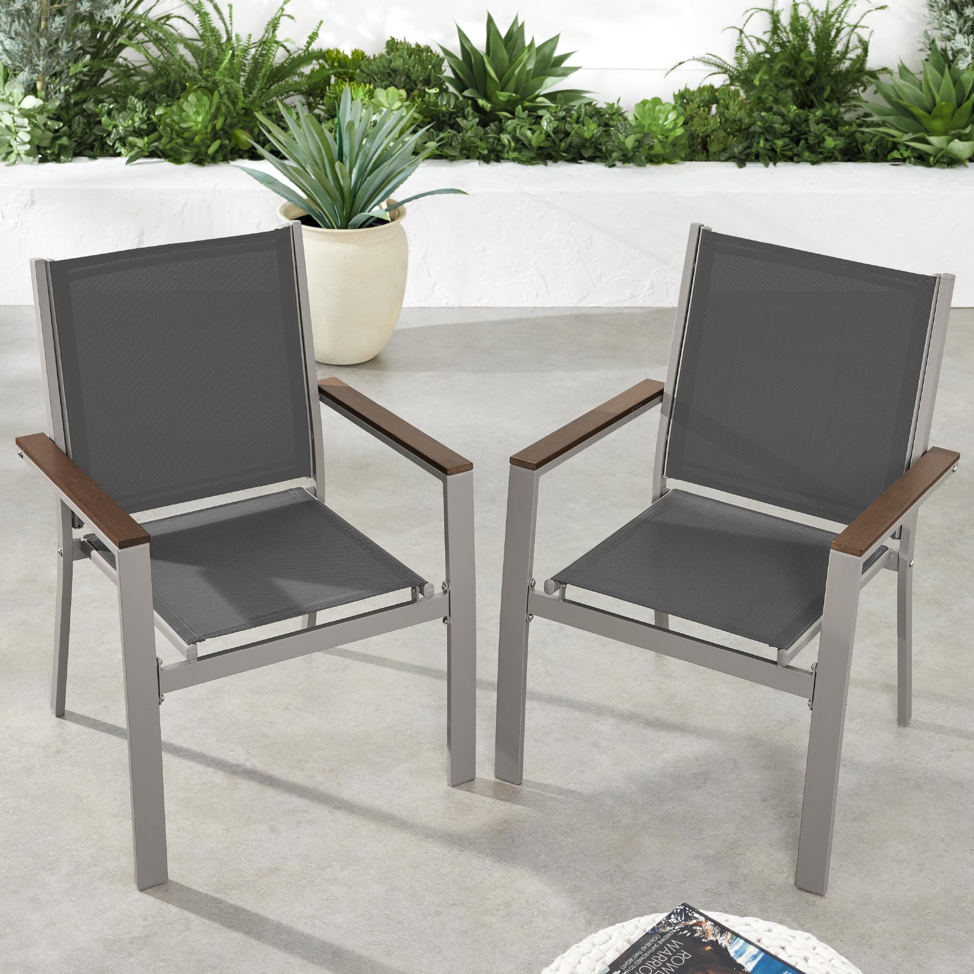 Best Choice Products Set of 2 Stackable Outdoor Textilene Chairs, All-Weather Conversation Dining Accent Furniture w/Armrests - Taupe/Charcoal