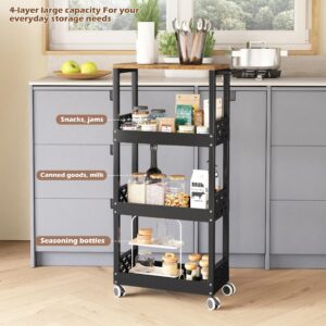 COVAODQ Slim Storage Cart with Handle 4 Tier,Slide Out Storage Rolling Utility Cart Mobile Shelving Unit Organizer Trolley for Small Spaces Kitchen Narrow Places, Black