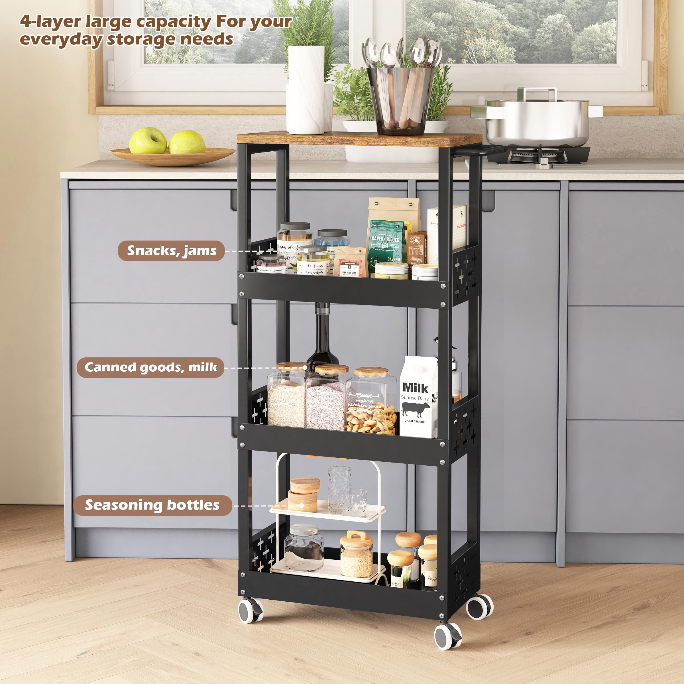 COVAODQ Slim Storage Cart with Handle 4 Tier,Slide Out Storage Rolling Utility Cart Mobile Shelving Unit Organizer Trolley for Small Spaces Kitchen Narrow Places, Black