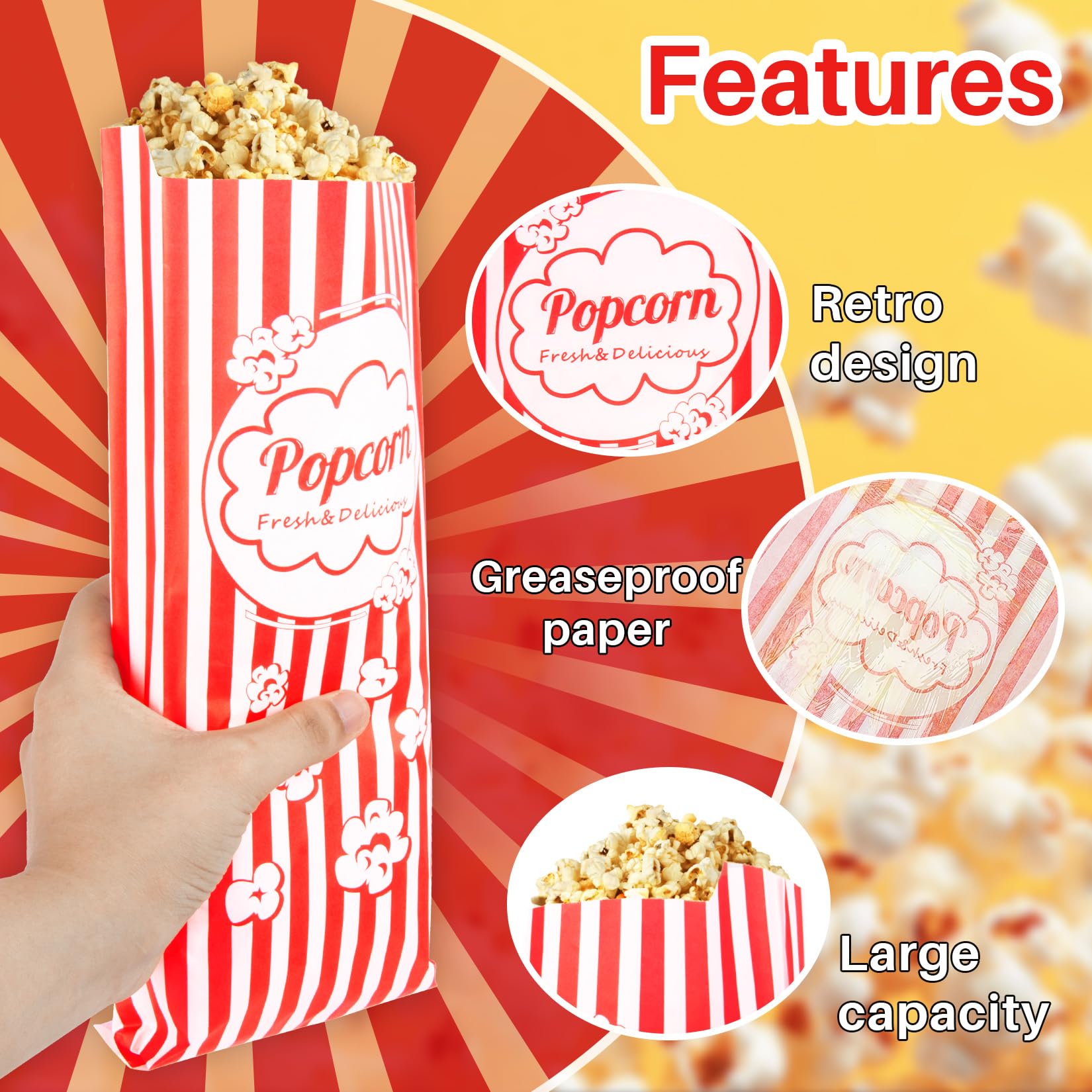 50 Popcorn Bags Individual Servings - 2oz Disposable Food Paper Popcorn Bags Party Pop Corn Sleeves Bulk Carnival Halloween Snack Packs Gift Favor Treat bolsas para palomitas Movie Night Supplies