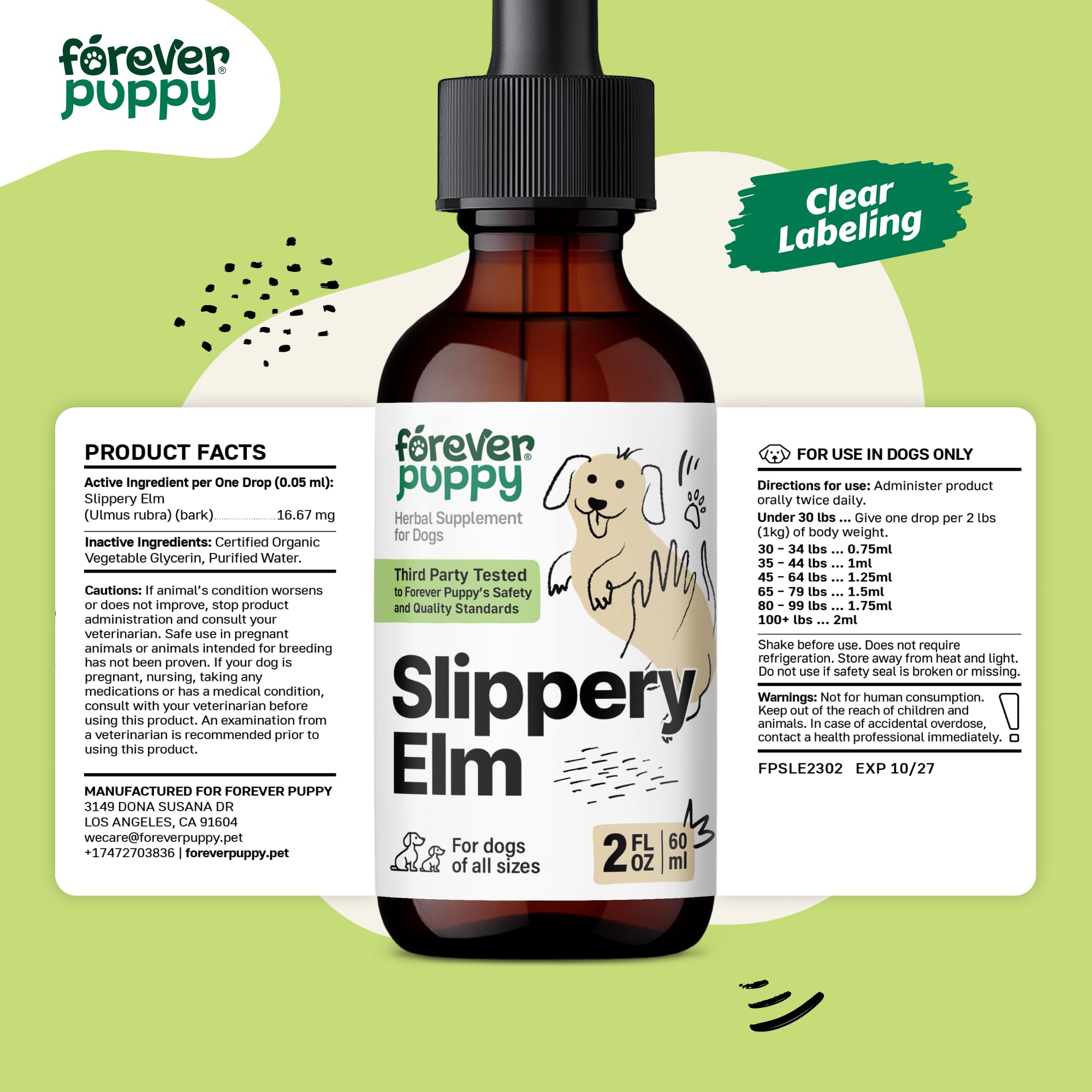 Slippery Elm Tincture for Dogs - Gut Support w/Slippery Elm Bark - Soluble Fiber for Dogs of All Breeds & Sizes - Slippery Elm Digestive Dog Drops - Natural Dog Food Supplements - 2 oz