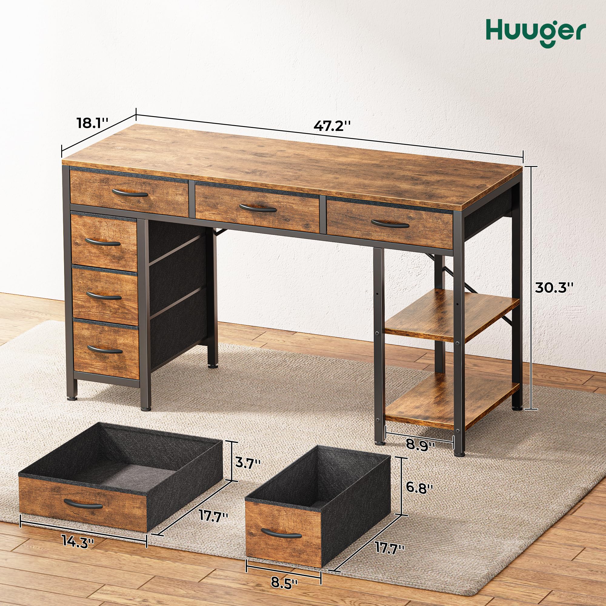 Huuger Computer Desk with 6 Drawers, 47 Inch Office Desk with Shelves, Reversible Gaming Desk, Corner Desk with Storage, Work Desk for Home Office, Study, Living Room, Rustic Brown