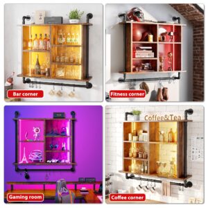 REIBII 37" Floating Shelves for Wall with Led Wall Shelves for Kitchen Storage Industrial Pipe Shelving with 8 S-Hook Wood Wall Mounted Shelves for Bathroom Wall Wine Coffee Bar Rack Halloween Decor