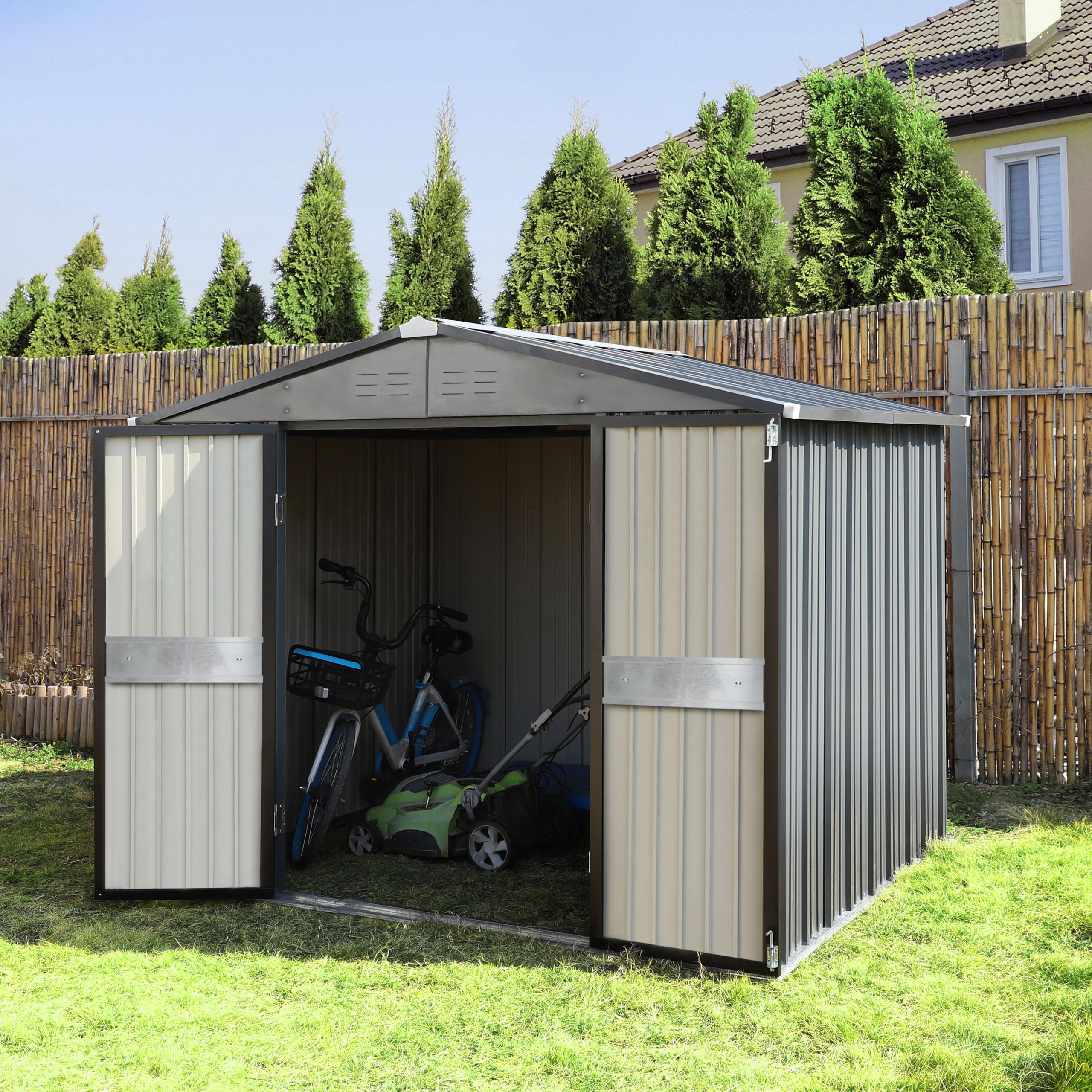 VEIKOU 8 x 12 FT Storage Shed, Outdoor Shed with Thickened Galvanized Steel, Lockable Door, Air Vents, Sheds & Outdoor Storage for Patio, Grey