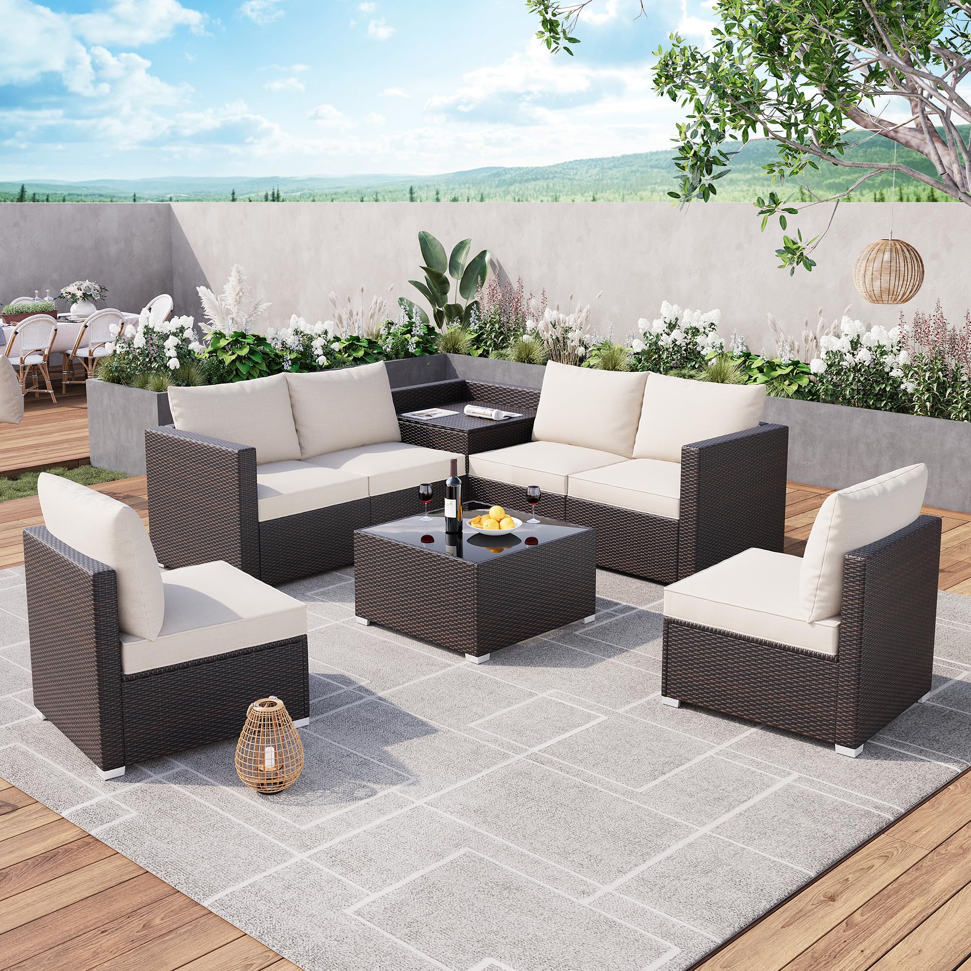 IDEALHOUSE 8 Pieces Outdoor Patio Furniture Set with Storage, 4 Inch Cushions Outdoor Wicker Rattan Patio Furniture Sectional Set with Glass Table and Hidden Storage Box, Brown