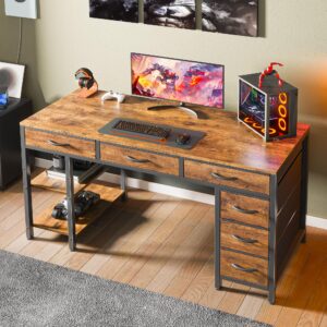 Huuger Computer Desk with 6 Drawers, 47 Inch Office Desk with Shelves, Reversible Gaming Desk, Corner Desk with Storage, Work Desk for Home Office, Study, Living Room, Rustic Brown