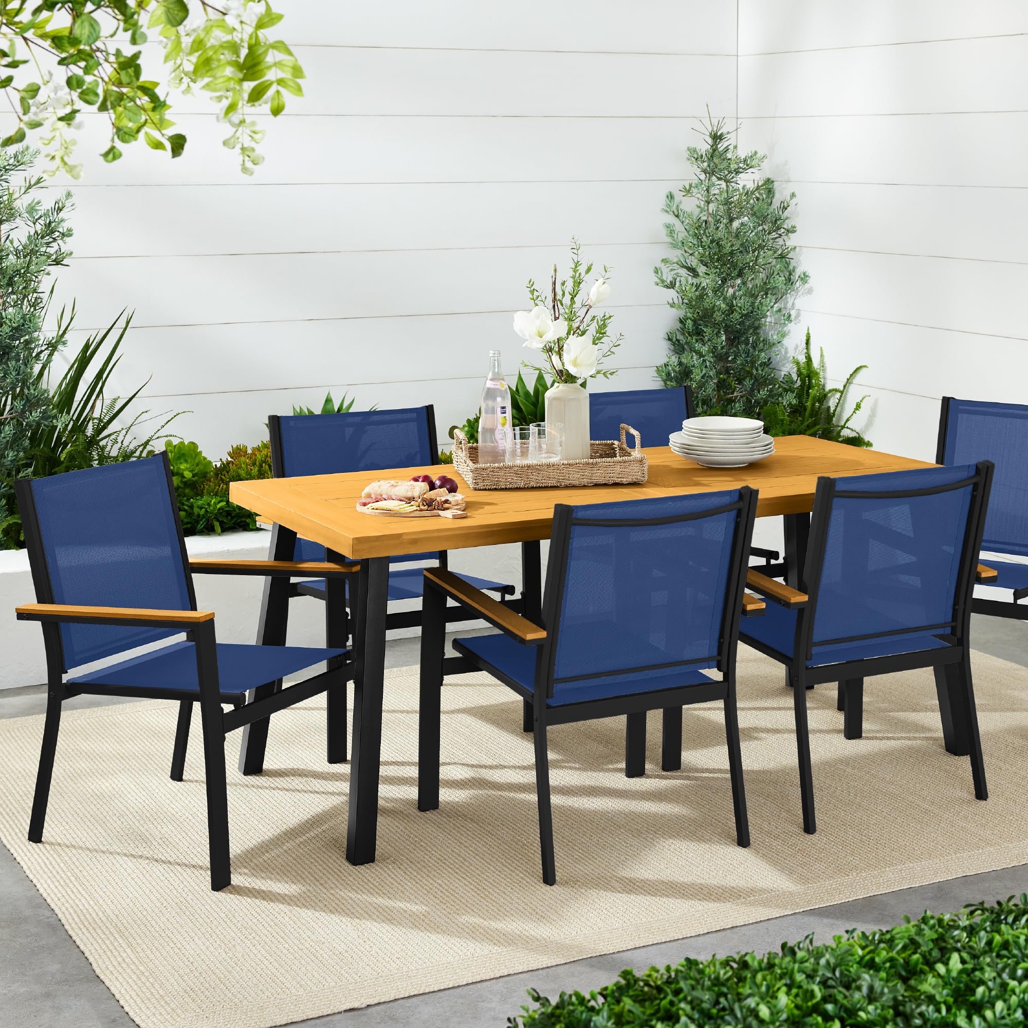 Best Choice Products Set of 2 Stackable Outdoor Textilene Chairs, All-Weather Conversation Dining Accent Furniture w/Armrests - Black/Navy