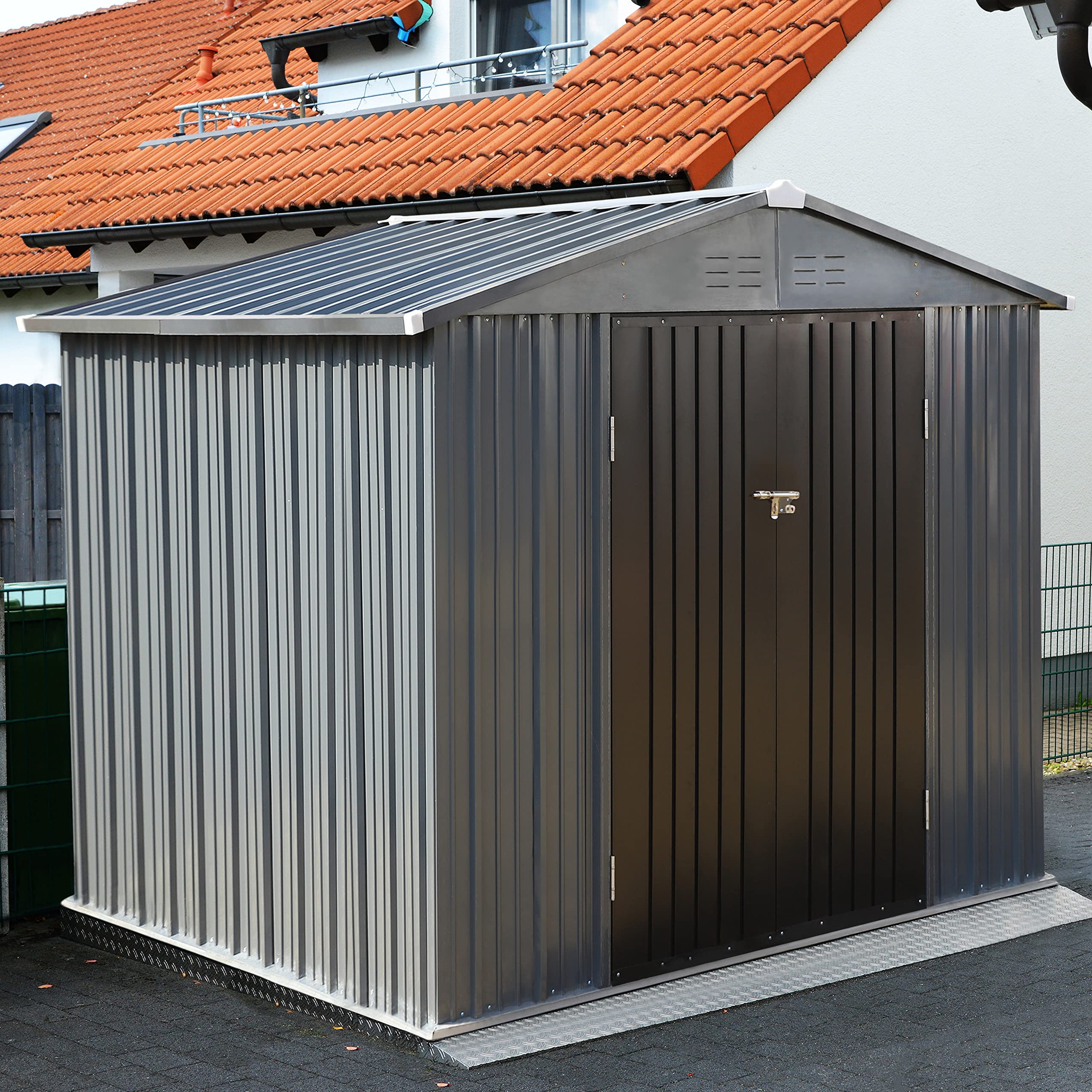 VEIKOU 8 x 12 FT Storage Shed, Outdoor Shed with Thickened Galvanized Steel, Lockable Door, Air Vents, Sheds & Outdoor Storage for Patio, Grey