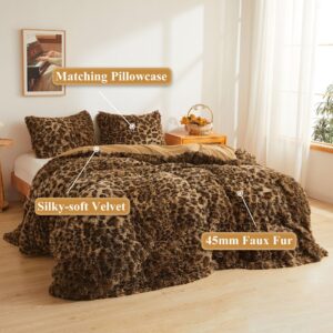 XeGe Cheetah Print Fluffy Faux Fur Duvet Cover Set, 3 Pieces Soft Plush Shaggy Fuzzy Bedding Set(1 Faux Fur Leopard Print Comforter Cover + 2 Furry Pillowcases), Zipper Closure(Queen, Brown)