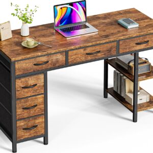 Huuger Computer Desk with 6 Drawers, 47 Inch Office Desk with Shelves, Reversible Gaming Desk, Corner Desk with Storage, Work Desk for Home Office, Study, Living Room, Rustic Brown