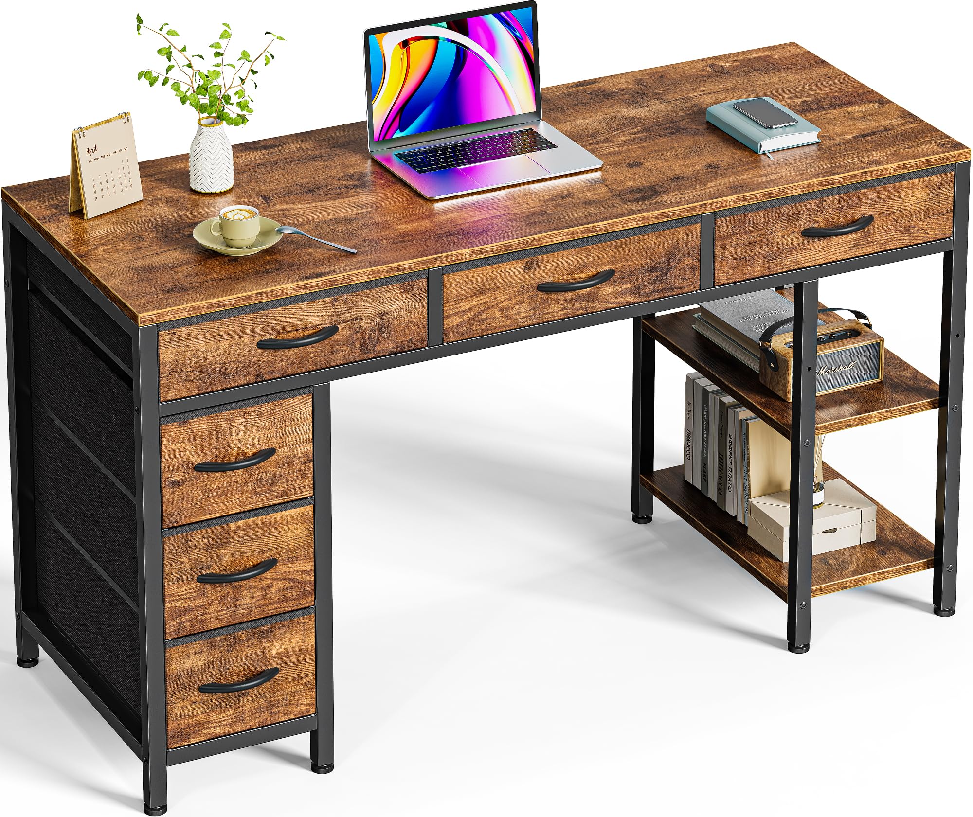 Huuger Computer Desk with 6 Drawers, 47 Inch Office Desk with Shelves, Reversible Gaming Desk, Corner Desk with Storage, Work Desk for Home Office, Study, Living Room, Rustic Brown