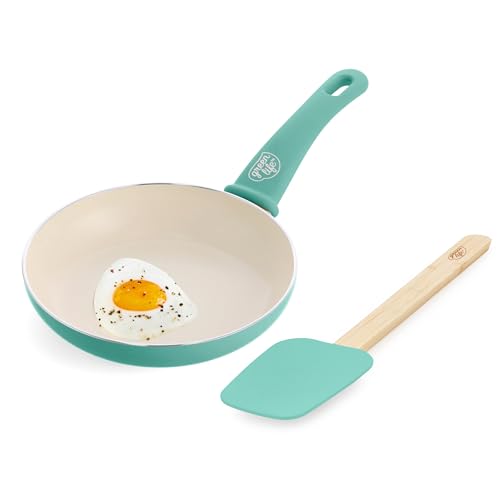 GreenLife Soft Grip 8” Frypan Skillet and Spatula Breakfast Cookware Set, PFAS-Free Ceramic Nonstick, Silicon Spatula with Bamboo Handle, Egg Omelette, Dishwasher Safe, Stay-Cool Handles, Turquoise