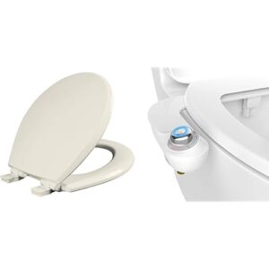 mayfair kendall toilet seat and bidet bundle, slow close wood toilet seat with non-electric, easy to install slimglow bidet attachment, round, biscuit