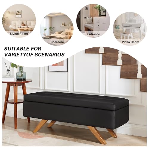 VECELO PU Leather Ottoman Bench with 6.1-inch Storage Space, 44” Soft Footrest for Living Room Bedroom Hallway Entryway, Easy to Clean, Black