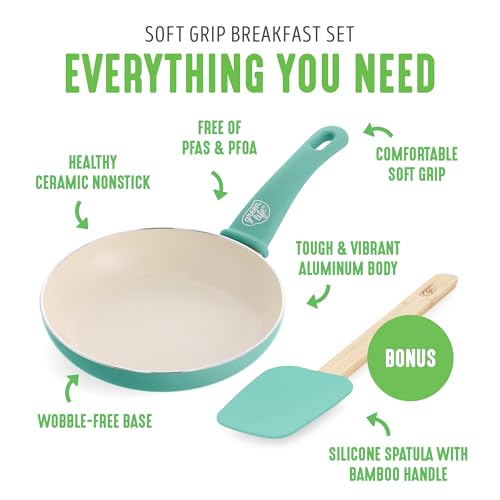 GreenLife Soft Grip 8” Frypan Skillet and Spatula Breakfast Cookware Set, PFAS-Free Ceramic Nonstick, Silicon Spatula with Bamboo Handle, Egg Omelette, Dishwasher Safe, Stay-Cool Handles, Turquoise