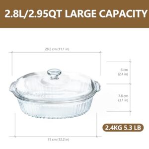 Luvan 2.8L/3Qt Glass Casserole Dish with Lid, Ribbed Oval Glass Baking Dish for Oven & Microwave, Clear Lead-Free Covered Casserole Cookware, Versatile Deep Glass Food Container for Baking, Cooking