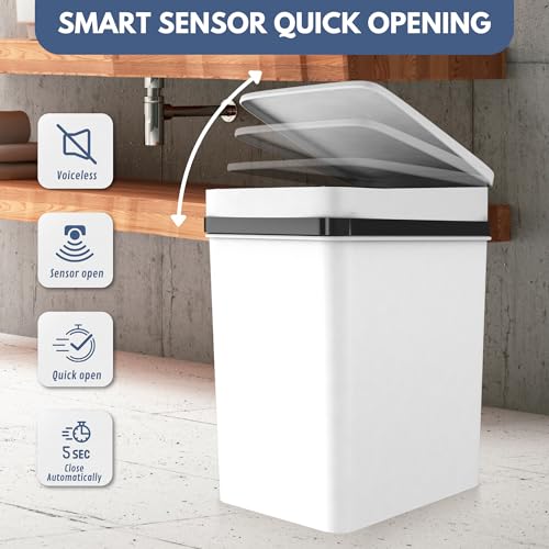 Pure Flower Home Automatic Small Trash Can, 12 Liter/ 3.1 Gallon Motion Sensor Trash Can Waterproof Smart Trash Can Plastic Trash Cans for Bedroom/Bathroom/Office (White)