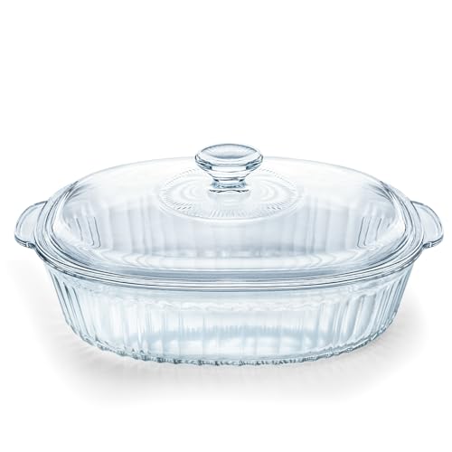 Luvan 2.8L/3Qt Glass Casserole Dish with Lid, Ribbed Oval Glass Baking Dish for Oven & Microwave, Clear Lead-Free Covered Casserole Cookware, Versatile Deep Glass Food Container for Baking, Cooking