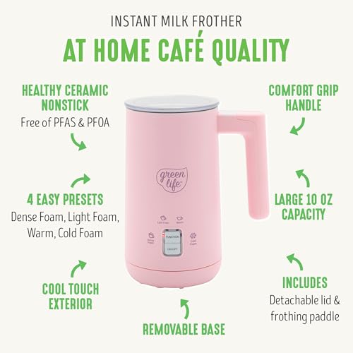 GreenLife Ceramic Electric Milk Frother, 10oz, 4-in-1, Auto Hot and Cold Foam, Dense and Light Foam, PFOA and PFAS Free, Cordless Milk Warmer and Steamer for Latte, Coffee, Pink