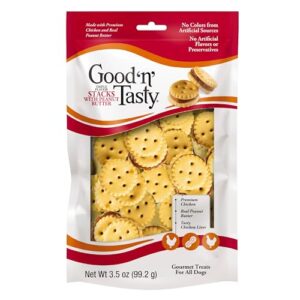 good 'n' tasty triple flavor stacks with peanut butter, 3.5 ounces, bite sized snacks for dogs with premium chicken and real peanut butter