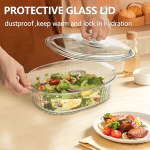 Luvan 2.8L/3Qt Glass Casserole Dish with Lid, Ribbed Oval Glass Baking Dish for Oven & Microwave, Clear Lead-Free Covered Casserole Cookware, Versatile Deep Glass Food Container for Baking, Cooking