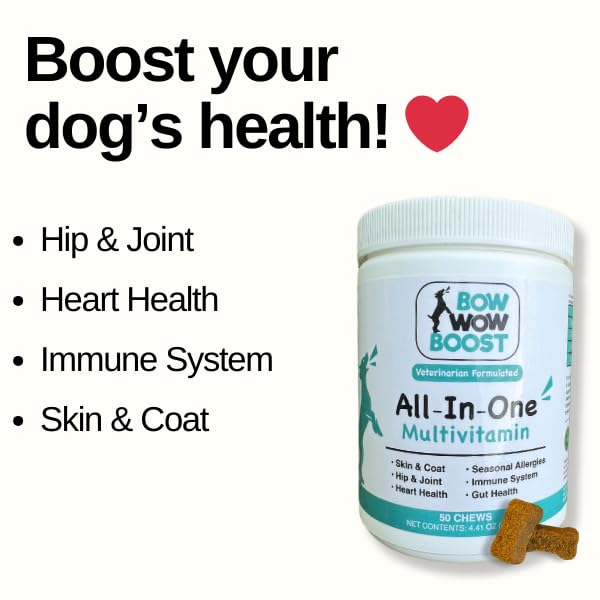 BowWowBoost Multivitamin Treats for Dogs - Premium Ingredients - Created by Vets - Hip & Joint Support (Glucosamine), Skin & Coat (MSM), Heart, Allergies, Itching - Young to Senior Dogs, All Breed