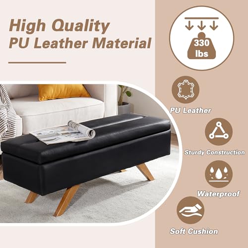 VECELO PU Leather Ottoman Bench with 6.1-inch Storage Space, 44” Soft Footrest for Living Room Bedroom Hallway Entryway, Easy to Clean, Black