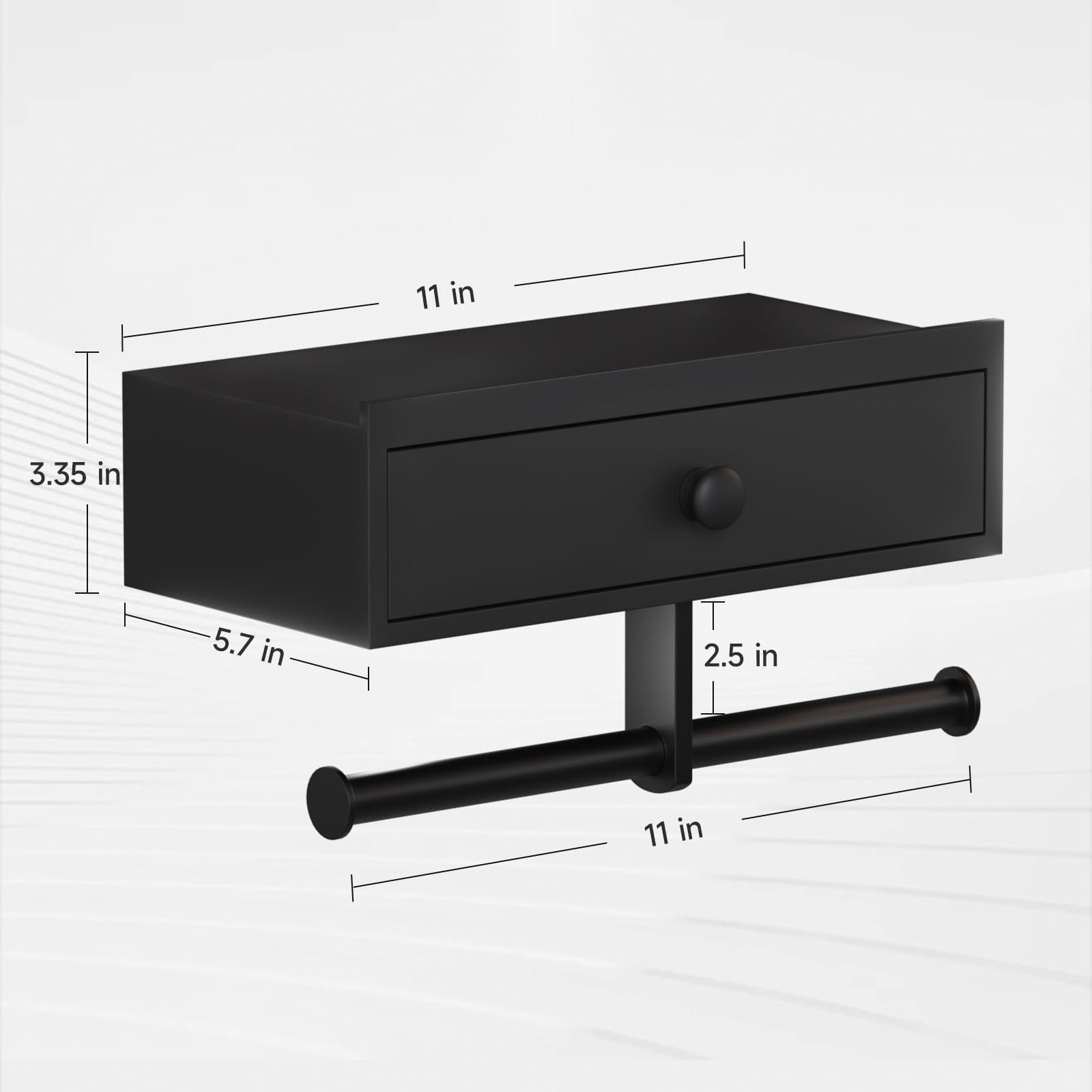 Double Toilet Paper Holder with Shelf,Wall Mount/Adhesive Matte Black Toilet Paper Holder,Wipes Dispenser for Bathroom,Wood Toilet Roll Holder with Storage Drawer