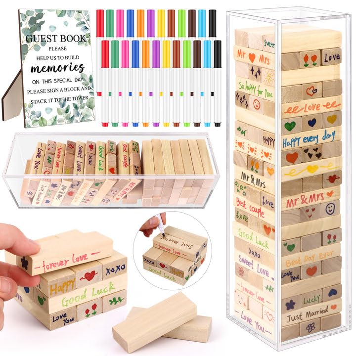 CosCosX 86 Pcs Wedding Guest Book Alternative Wooden Block in Acrylic Storage Box Guest Book for Wedding Sign in,24 Pcs Signature Pens Wedding Bridal Baby Shower Game Decorations for Sign in,Reception