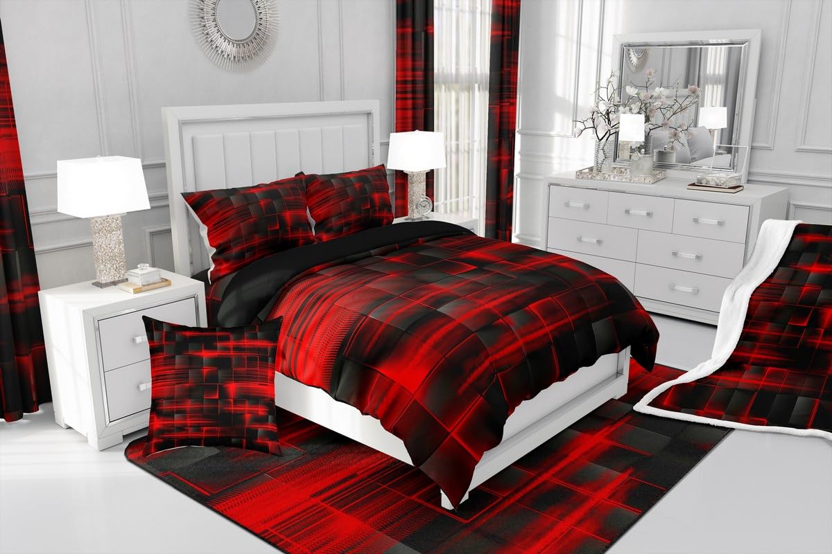 Feelyou Red Black Duvet Cover Queen Size Boys Girls Geometric Strip Lines Bedding Set for Kids Geometry Comforter Cover Set Abstract Modern Bedspread Cover Room Decor Bedclothes Zipper