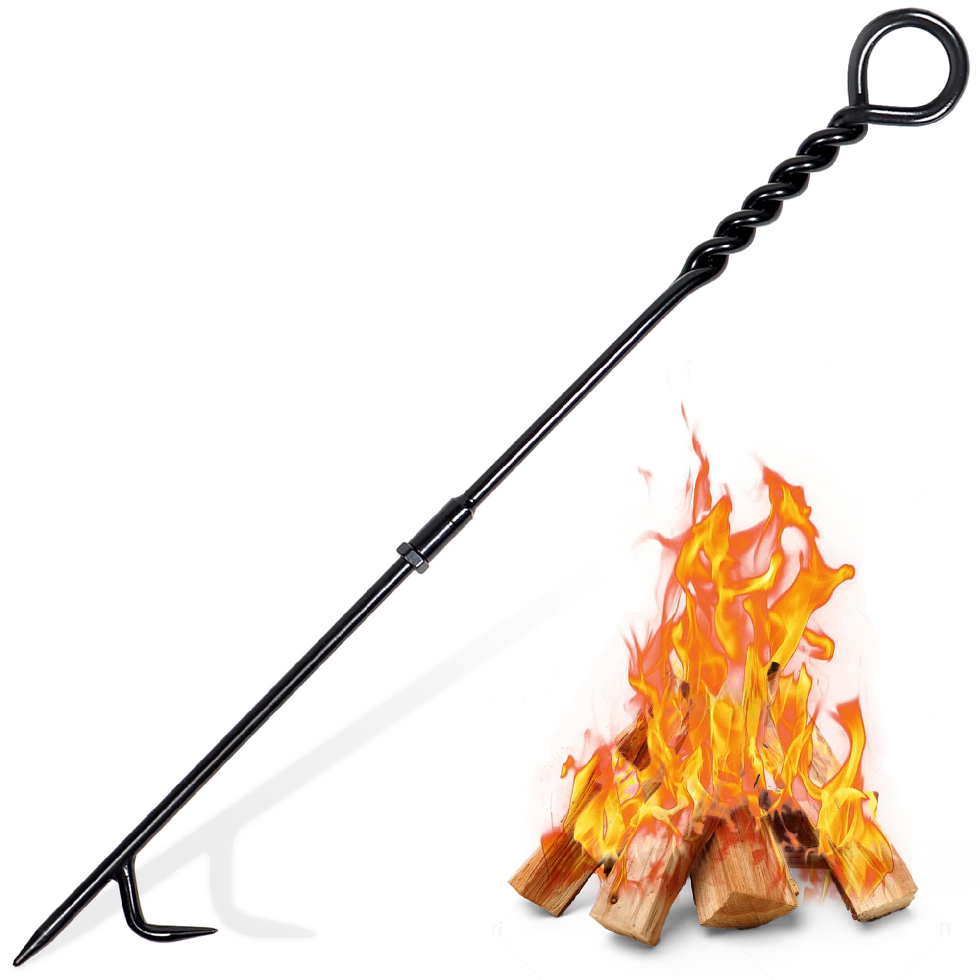 CKLT Fire Poker for Fire Pit Outdoor, 26inch Twisted Rope Design Camping Fireplace Poker, Removable and Portable Fire Pit Accessories, Heavy Duty Solid Steel Fireplace Tool Rust-Resistant Black Finish