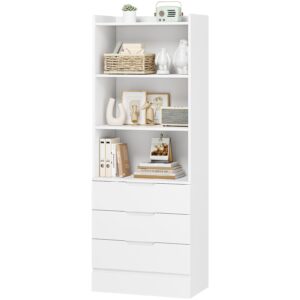 dictac 73.23'' tall storage cabinet bookcase with 3 drawers and 3-tier open shelves wooden bookshelf kitchen pantry storage cabinets storage organizer for living room, study, kitchen,bathroom,white