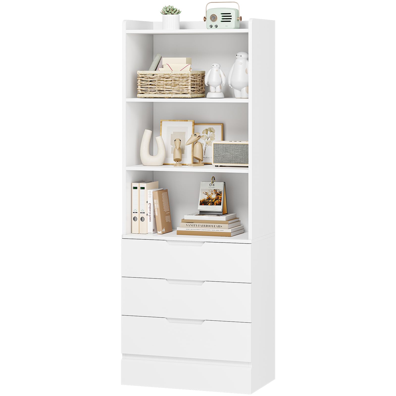 DICTAC 73.23'' Tall Storage Cabinet Bookcase with 3 Drawers and 3-Tier Open Shelves Wooden Bookshelf Kitchen Pantry Storage Cabinets Storage Organizer for Living Room, Study, Kitchen,Bathroom,White